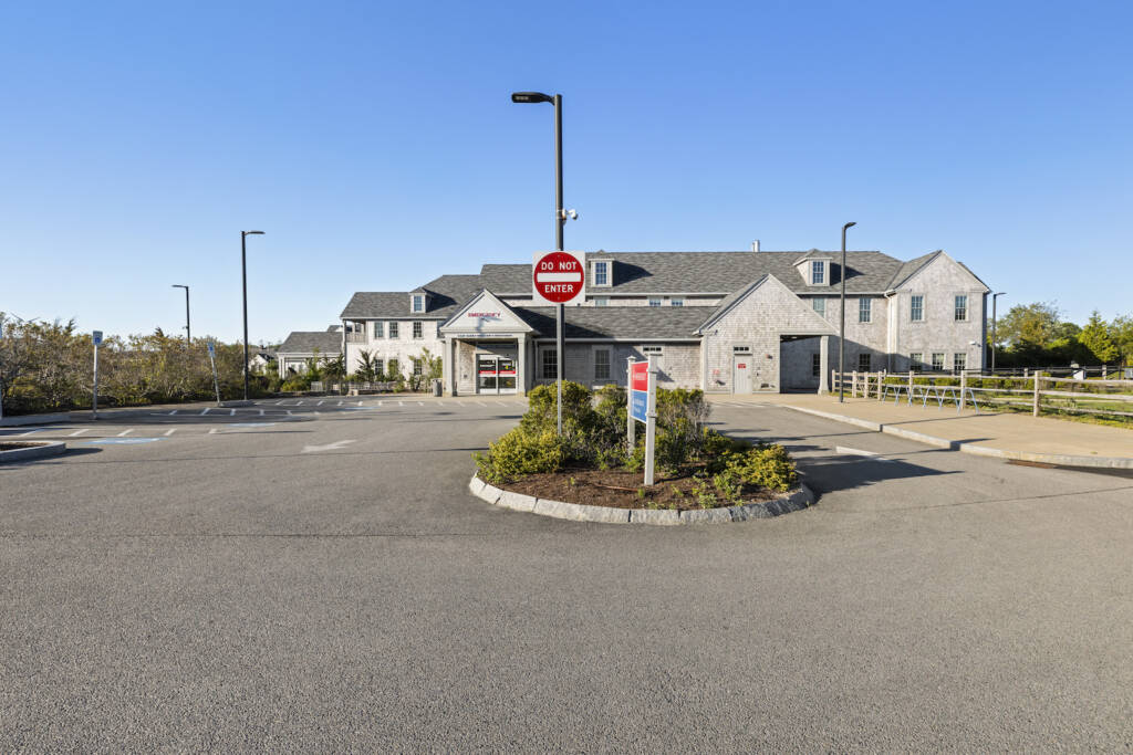 Nantucket Hospital parking lot with signage and median