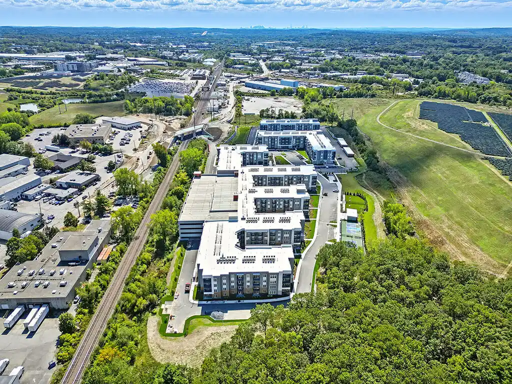 Aerial view of Station 316 Woburn showing all buildings, landscape and skyline