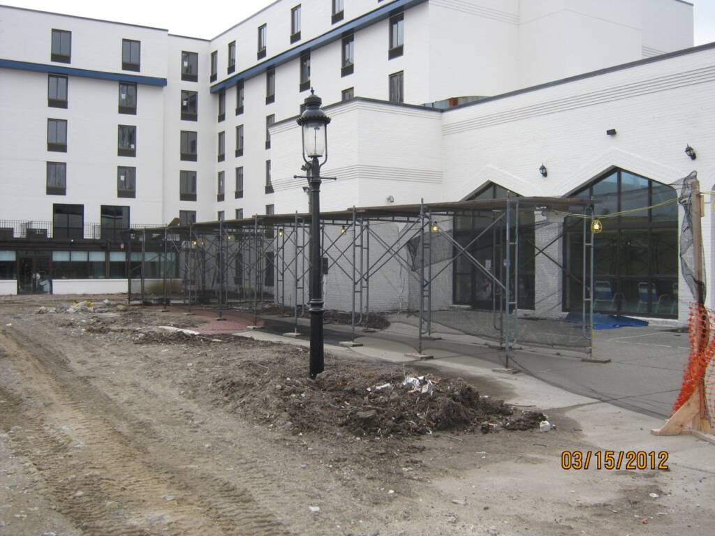 Exterior walkway and facade construction at Hyatt Place Braintree.