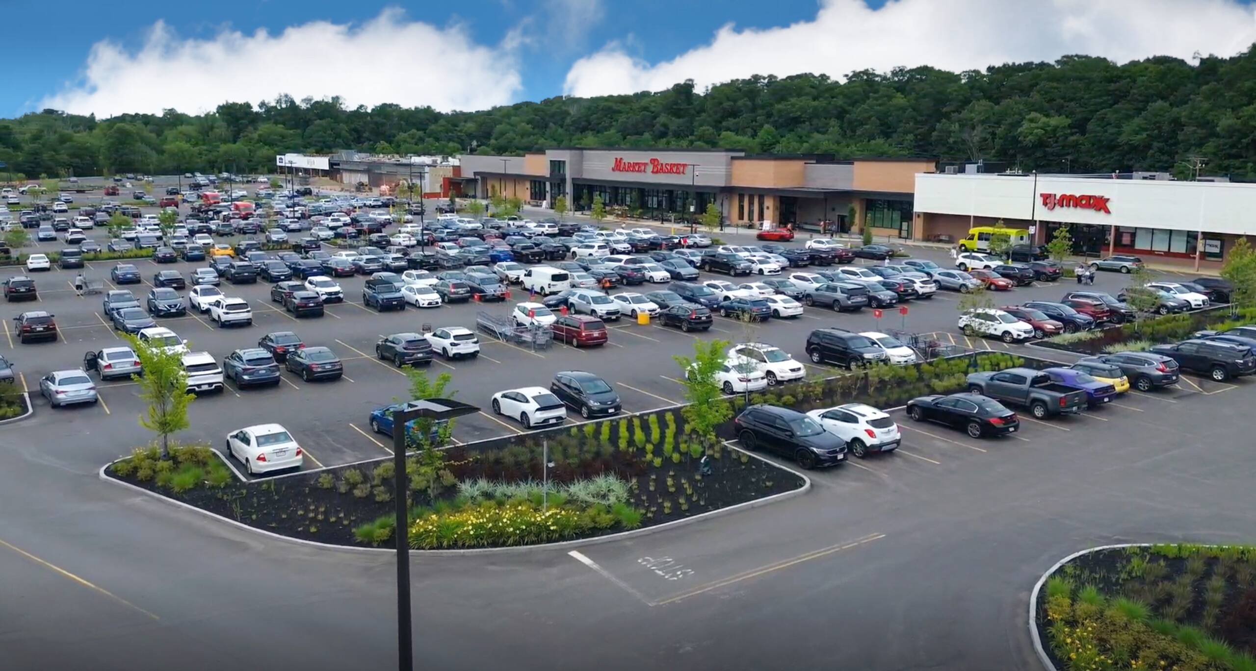 Market Basket North Andover aerial of center under construction with parking lot and landscapting