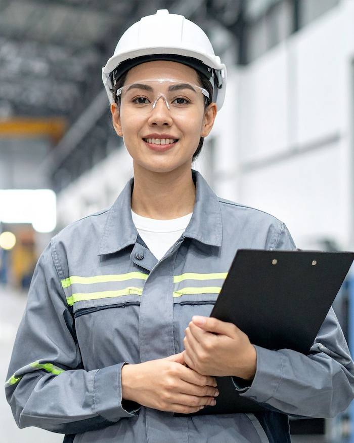 factory worker with construction hat and clipboard