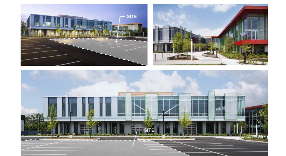 Modern buildings with ample parking spaces.