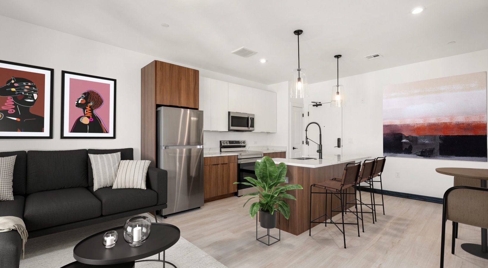 The 600 Everett unit living room and kitchen