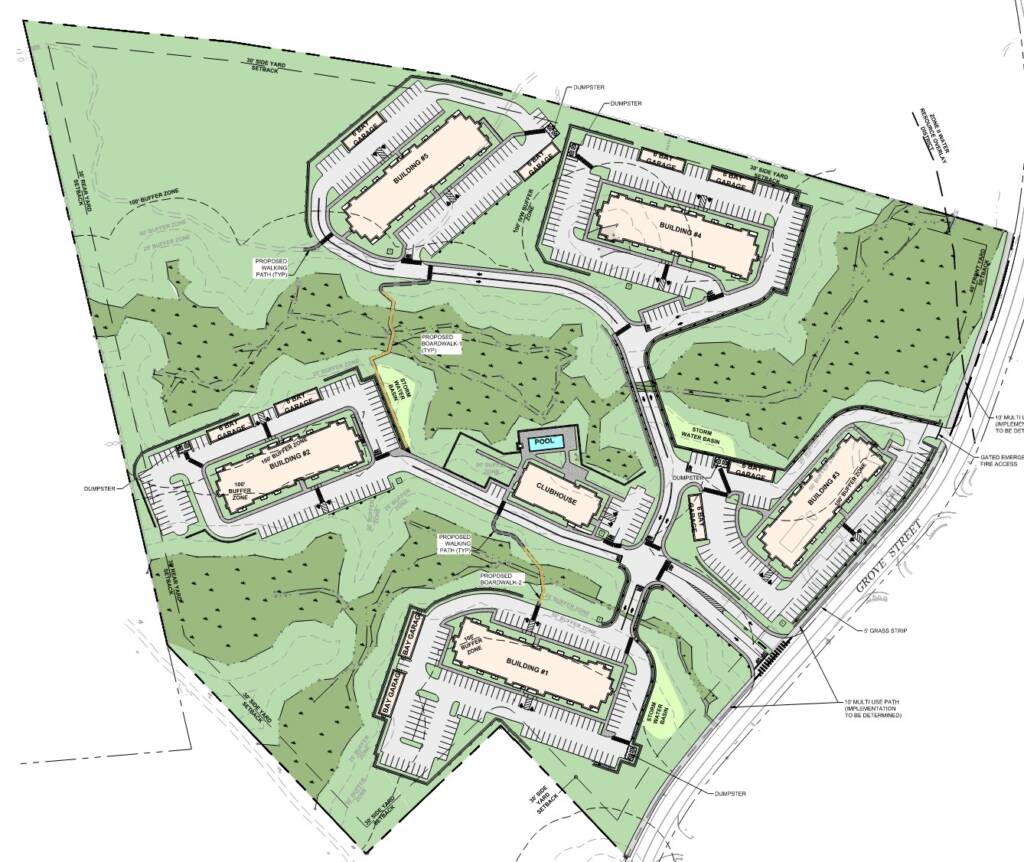 Site plan with buildings and landscaping
