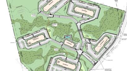 Site plan with buildings and landscaping