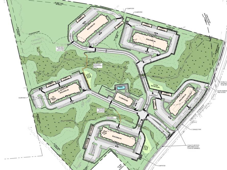 Site plan with buildings and landscaping