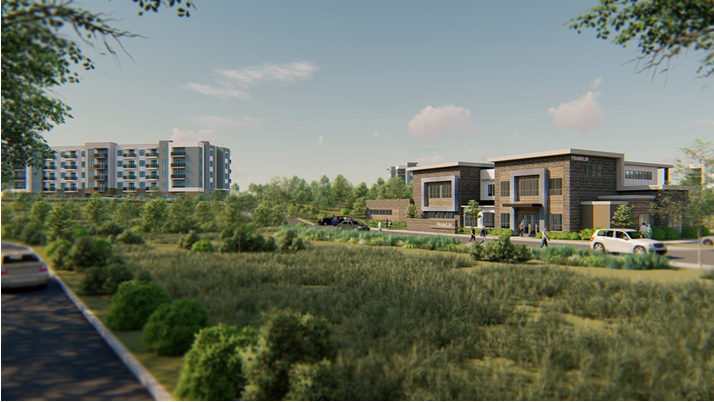 rendering of Franklin Grove Apartments showing apartment building, land, and road